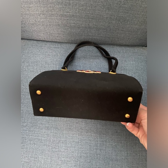 Vintage 2 Pieces Black Suede Leather Top Handle Handbag Gold Hardware Bee Accent - Picture 6 of 16